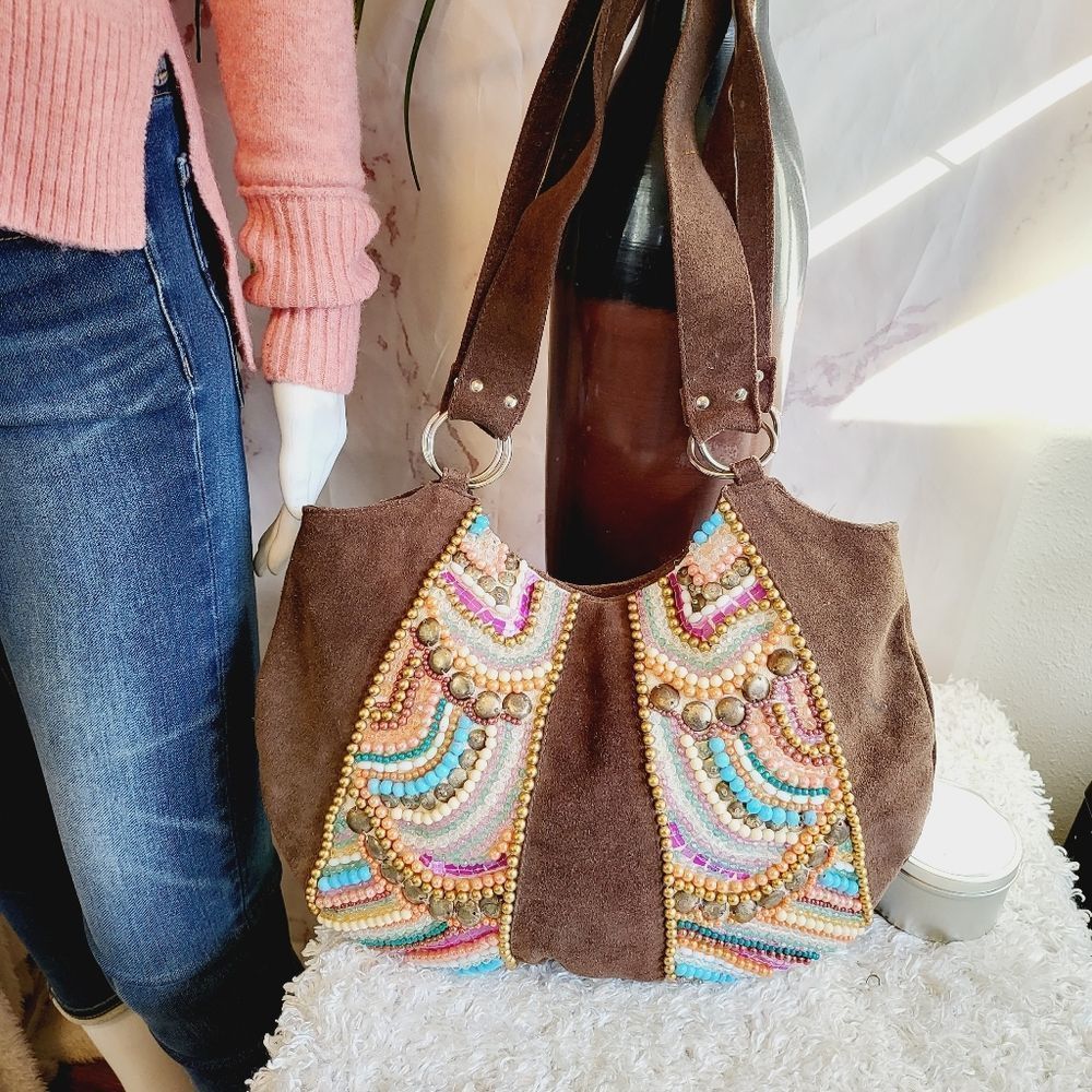Passport Brown Suede Tote with Multicolor Beaded Embellishment